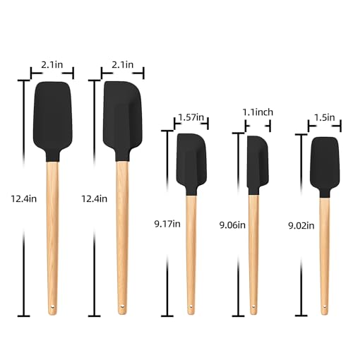 Wooden Handle Silicone Rubber Spatula Set 5 Piece for Kitchen Baking (5 Count)