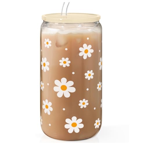 Daisy 16 Oz Can Glass Tumbler with Acrylic Lid and Straw