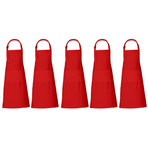 Chef Apron Women Men with Pockets Cotton Kitchen Cooking Full Aprons Red 35x27 Inches Pack of 5 (5 Count)