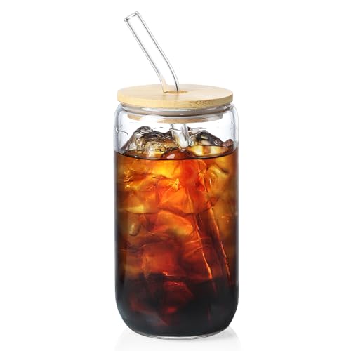 1 Pack Glass Cups with Bamboo Lids and Straws 16 oz
