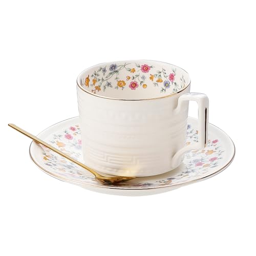 Country Roses Porcelain Tea Cup and Saucer Set with Gold Trim
