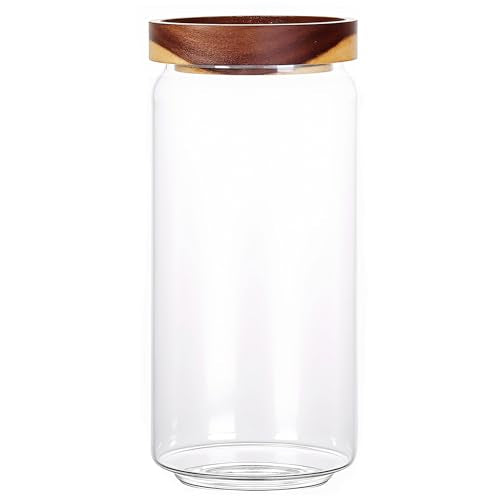 960ML 32Oz Clear Cute Glass Storage Canister Holder with Stackable Airtight Wood Lid