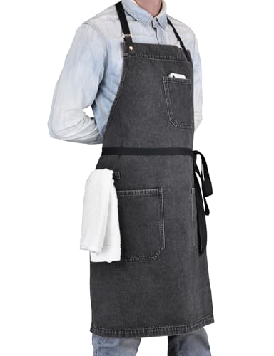 Black Denim Kitchen Cooking Apron with Pockets for Men Women