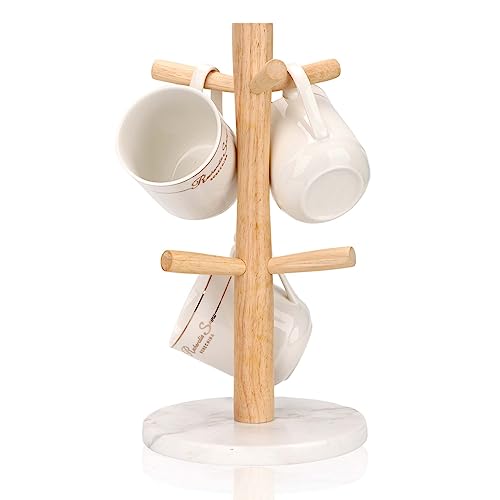 Mug Holder Marble Base with 6 Hooks Coffee Cup Rack Organizer for Countertop