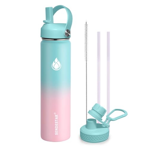 Stainless Steel Wide Mouth Water Bottle 24oz Double Wall Vacuum Insulated Leak Proof Bottle with New Flex Straw Lid & Spout Lid