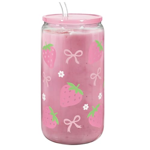 Strawberry 16 Oz Can Glass Tumbler with Acrylic Lid and Straw