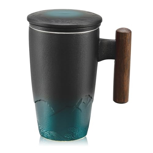Ceramic Tea Cup with Infuser and Lid Tea Mugs Wooden Handle 400ml