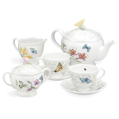 Butterfly Meadow Porcelain Teapot and Tea Cup Set (7 Count)