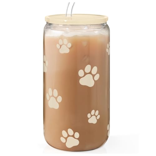 Paw Print 16oz Can Glass Tumbler with Acrylic Lid & Straw