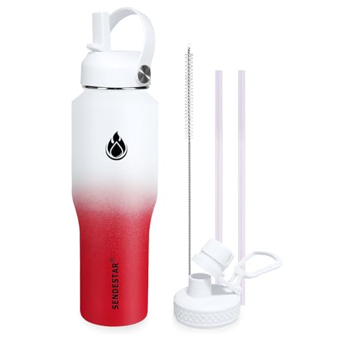 32oz Water Bottle Wide Mouth Stainless Steel Vacuum Insulated Double Wall with 2 Straw Lids Fit in Any Car Cup Holder