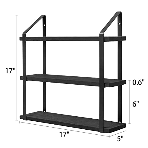 Floating Wall Shelves 3 Tier Rustic Hanging Shelf with Metal Bracket Wall Mount Wood Storage Display Shelves for Living Room Bathroom Bedroom Kitchen Office