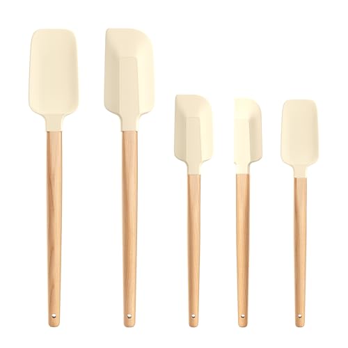 Wooden Handle Silicone Rubber Spatula Set 5 Piece for Kitchen Baking (5 Count)