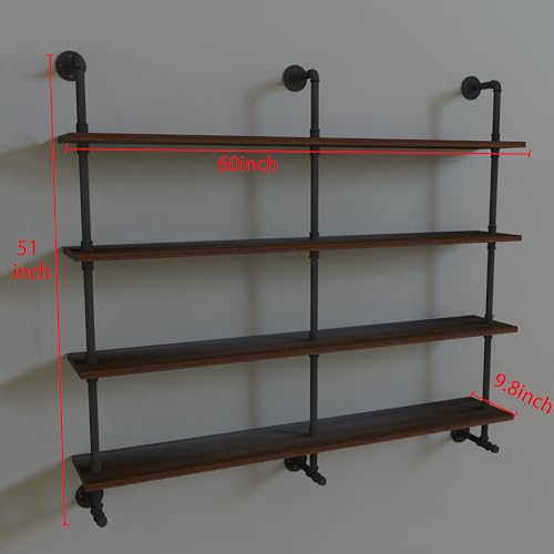 60 Inches Industrial Pipe Wall Shelves Pipe Shelving with Real Wood Plank