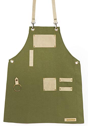 Chef Unisex Waterproof Gardening Apron for Women Men Barista Barbers Hairdresser Crossback Adjustable Cotton Canvas Green