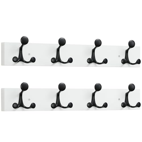 24 Inch White Wood Coat Rack Wall Mount with 4 Triple Hooks (2 Count)