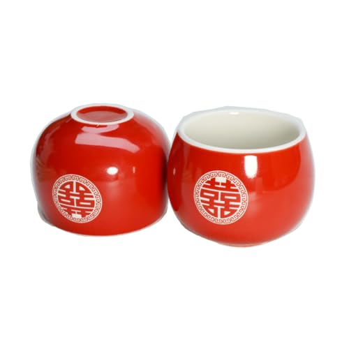 Chinese Wedding Tea cup 5oz Porcelain Teacup Red Cups Round Glaze Carving Double Xi for Tea Ceremony Wedding Party Home Decor (2 Count)