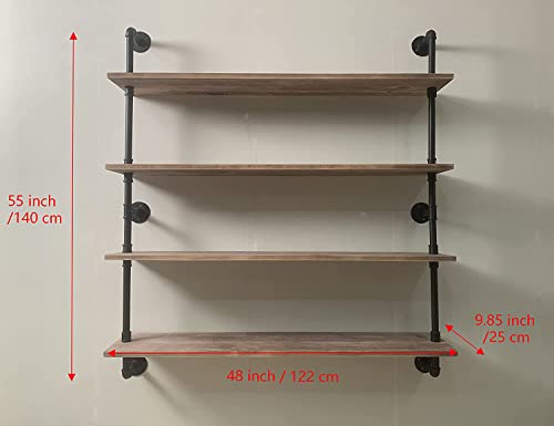 Floating Bookshelf Shelves Industrial Pipe Shelving Floating Pipe Shelf with Wood Planks 48 inch Industrial Wall Shelves Rustic Hanging Bookshelf Farmhouse Kitchen Shelving (4 Count)