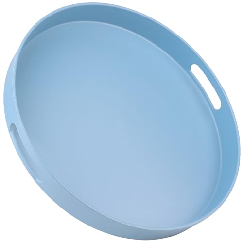 Round Blue Decorative Serving Tray with Handles