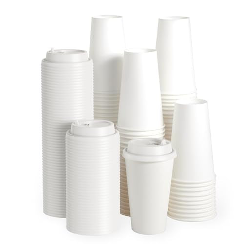 100 Pack 16 oz Disposable Paper Coffee Cups with Lids (100 Count)