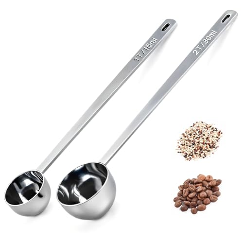 2PCS Coffee Scoop for Ground Coffee Stainless Steel Measuring Spoons Long Handle 30ml 8.66in and 15ml 8.27in Set for Deep Jars Beans Protein Powder Flour