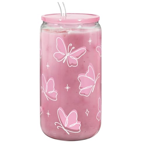 Butterfly 16 Oz Can Glass Tumbler with Acrylic Lid and Straw