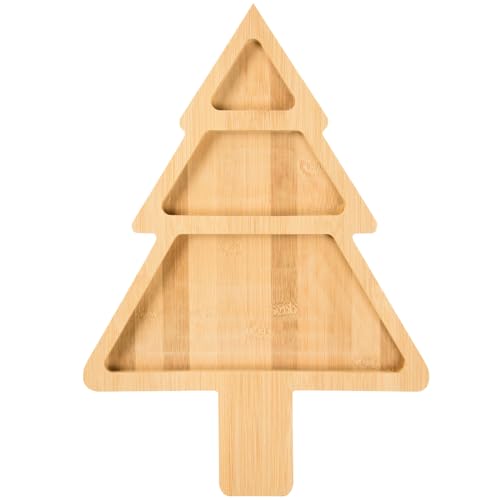 Christmas Bamboo Serving Platter Christmas Tree Shape Wooden Serving Tray Multiple Spaces Charcuterie Board Holiday Decorative Serving Appetizer Platters for Home Candy Snack Salad Food