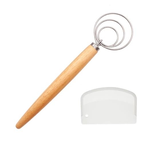 Danish Dough Whisk with Dough Scraper 10" Dutch Bread Whisk Bread Mixer Stainless Steel Dutch Bread Dough Whisk with Wooden Handle Dutch Whisk Baking Tools for Sourdough