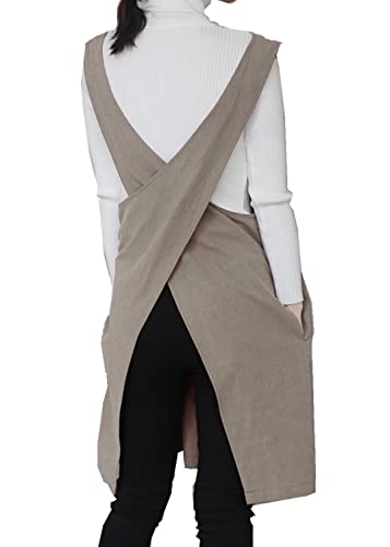 Cotton Linen Apron Halter CrossBack Bandage Aprons Japanese Style X Shape Pocket