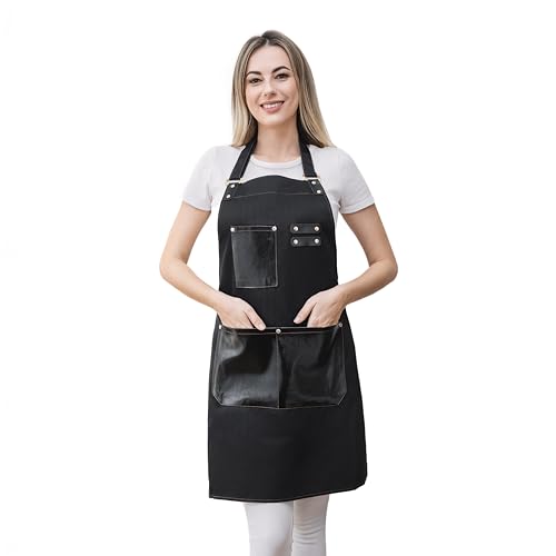 Barista Tools Apron for Women Hairstylists Servers Waterproof Canvas Kitchen Apron with 3 Pockets for Cooking Gardening