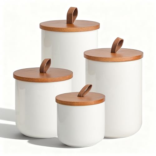 White Ceramic Canister Set with Bamboo Lids (4 Count)