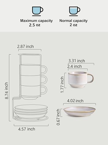 2.5 Ounce Espresso Cups Set of 4 with Saucers & Metal Rack (8.25 Count)