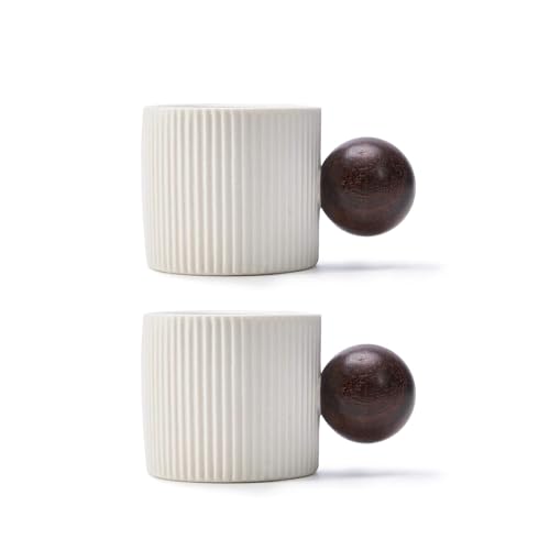 Ceramic Mini Espresso Cups Demitasse Cups with Round Wooden Handle Vertical Stripes Tea Cups (2 Count)