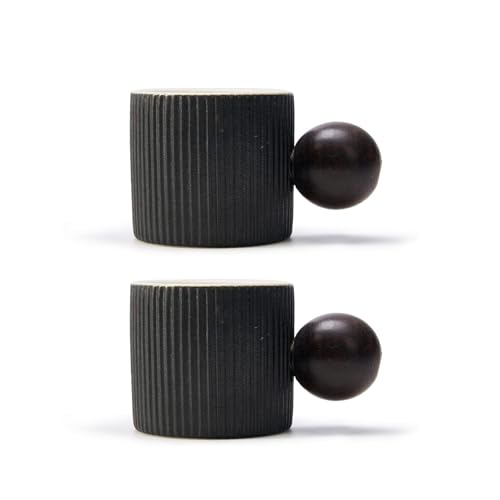 Ceramic Mini Espresso Cups Demitasse Cups with Round Wooden Handle Vertical Stripes Tea Cups (2 Count)
