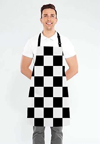 Black and White Art Design Checkered Bib Apron with Adjustable Neck for Men Women