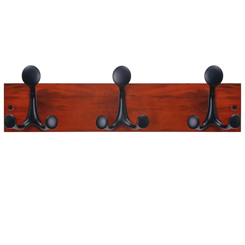 17 Inch Cherry Wood Coat Rack Wall Mount with 3 Triple Hooks