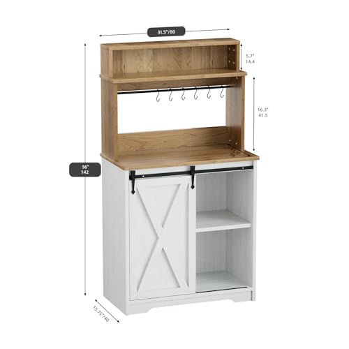 Farmhouse Coffee Station with 3 Tier Storage Hutch & 6 Hooks