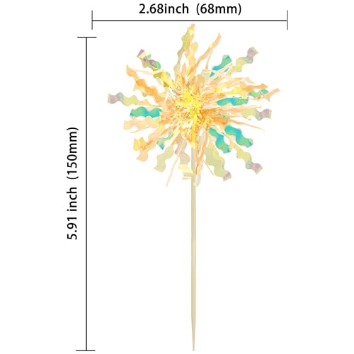 30Pcs Foil Firework Cupcake Toppers Happy Birthday Cake Toppers Tinsel Flower Drink Stirrers Cocktail Food Fruit Toothpicks for Valentine's Day Party Birthday Wedding Supplies Yellow (20 Count)