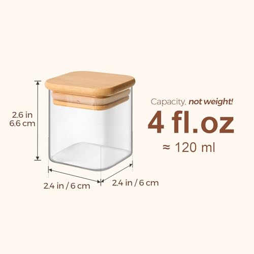 Square Glass Spice Jars with Labels 4 oz 6 Pack with Bamboo Lids (6 Count)