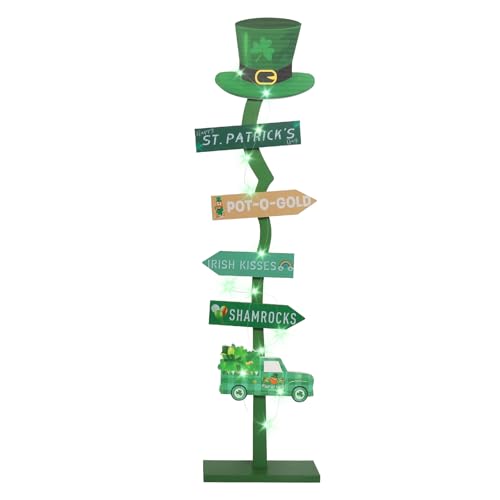 43.8" Lighted Wooden St. Patrick's Day Porch Sign Leprechaun Hat Shamrock Irish Train Standing Signs With Base For Indoor Outdoor Yard Decor