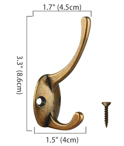 12 Pack Antique Brass Double Coat Hooks Wall Mounted with 24 Screws (12 Count)