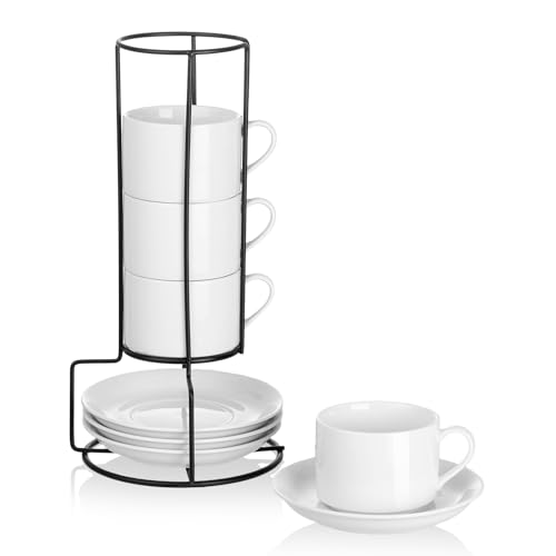 8 OZ Stackable Cappuccino Cups with Saucers and Metal Stand Set of 4 (4 Count)