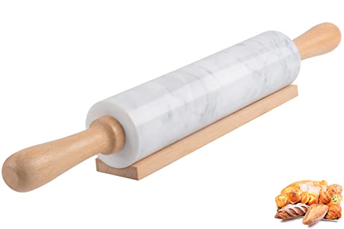 Marble Rolling Pin with Wooden Cradle Thick Handle Set for Baking