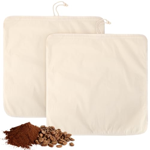 2 Pcs 20 x 20 Inch Large Reusable Cold Brew Coffee Bag Reusable Organic Cotton Cold Brew Filter Bags Washable Coffee Filter Pouch with Easy Open Drawstring Pitchers 5 Gallon Systems up to 5 LBS