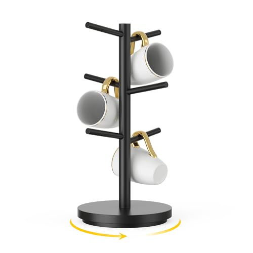 Coffee Mug Holder Tree Upgraded 360Rotated Cup Holder for Counter Black Wood Cup Tree Mug Rack Organizer Stand with 6 Hooks for Kitchen Coffee Bar Accessories