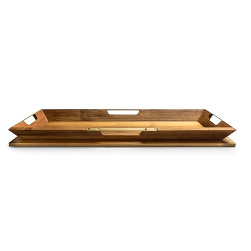 Curate Large Acacia Wood Serving Tray with Handles for Coffee Table