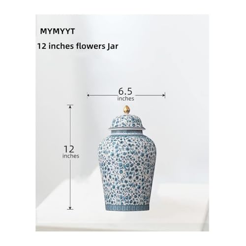 12inches flower Ginger Jar with Lid Chinese Decorative blue Ceramic