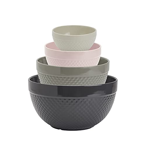 Tabletops Gallery Hobnail Style 4 Piece Timeless Grey Stoneware Nesting Mixing Bowl Set for Baking and Cooking
