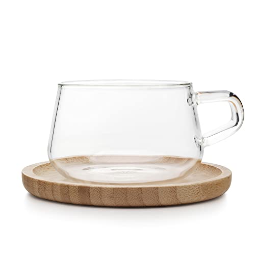 VIVA Classic Glass Coffee Mug or Tea Cup and Saucer Made of Bamboo Wood