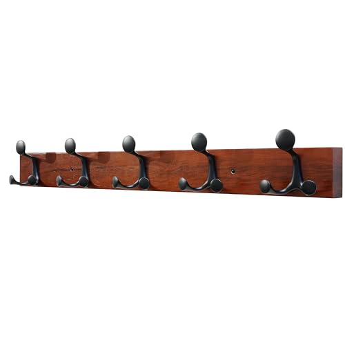 30 Inch Cherry Wood Coat Rack Wall Mount with 5 Triple Hooks