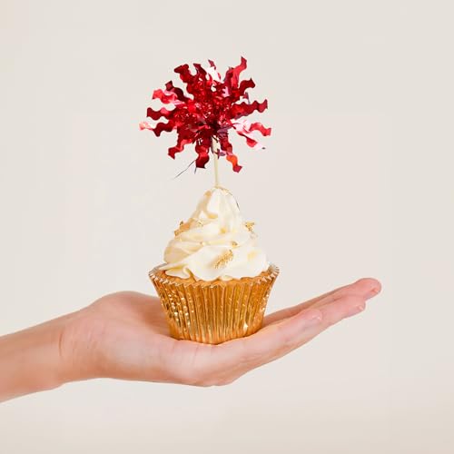 30Pcs Foil Firework Cupcake Toppers Sparkle Tinsel Cake Toppers Tinsel Drink Cake Decoration Cocktail Picks for Birthday Wedding Graduation Party Supplies Red (30 Count)